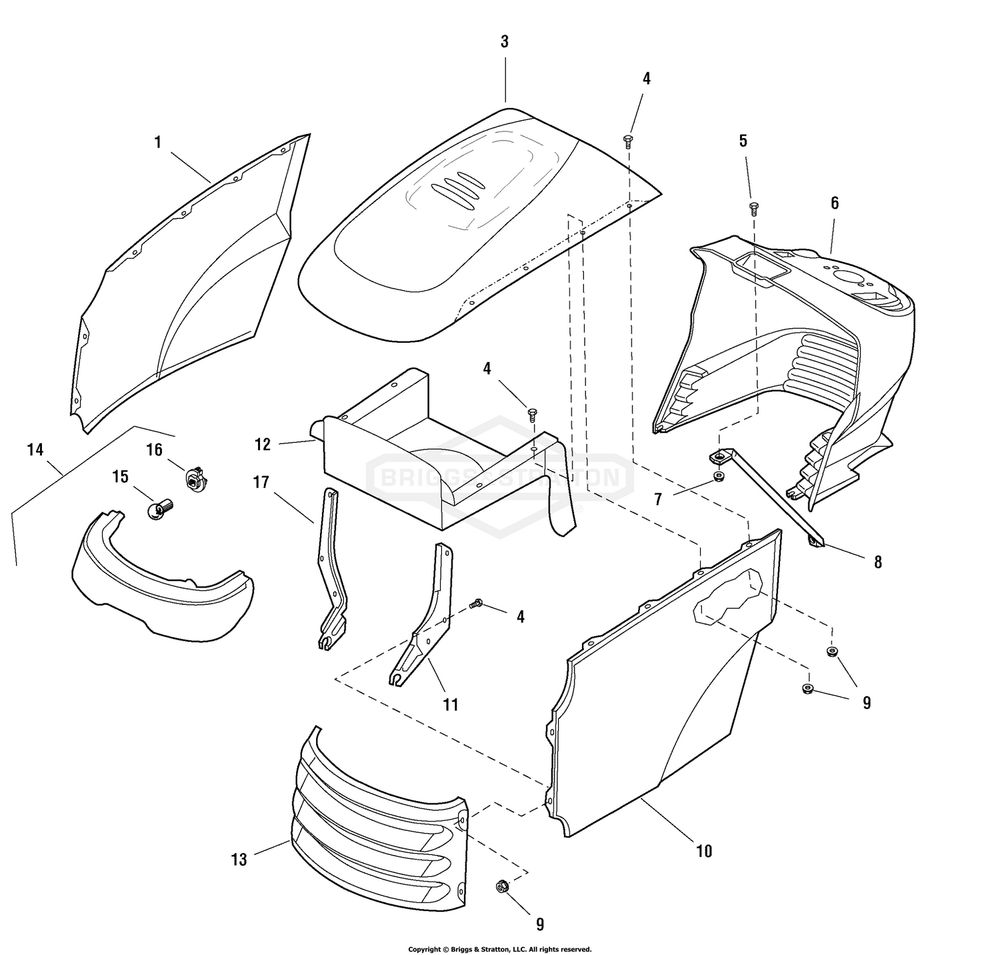 Hood, Grille And Dash Group Diagram and Parts List for 107250070 (2691088-00)(2012) Briggs and Stratton Lawn Tractor